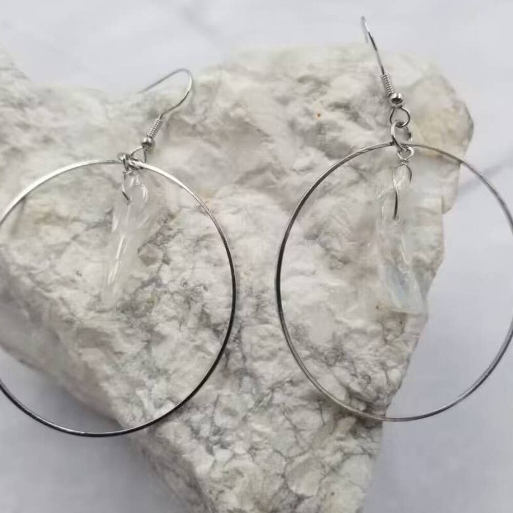Clear Quartz Crystal Circle Hoop Dangle Earrings